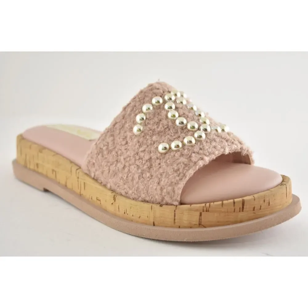 Chanel 24S Pink Fabric Pearl CC Logo Cork Mules Slide Sandal Flip Flop Flat 37